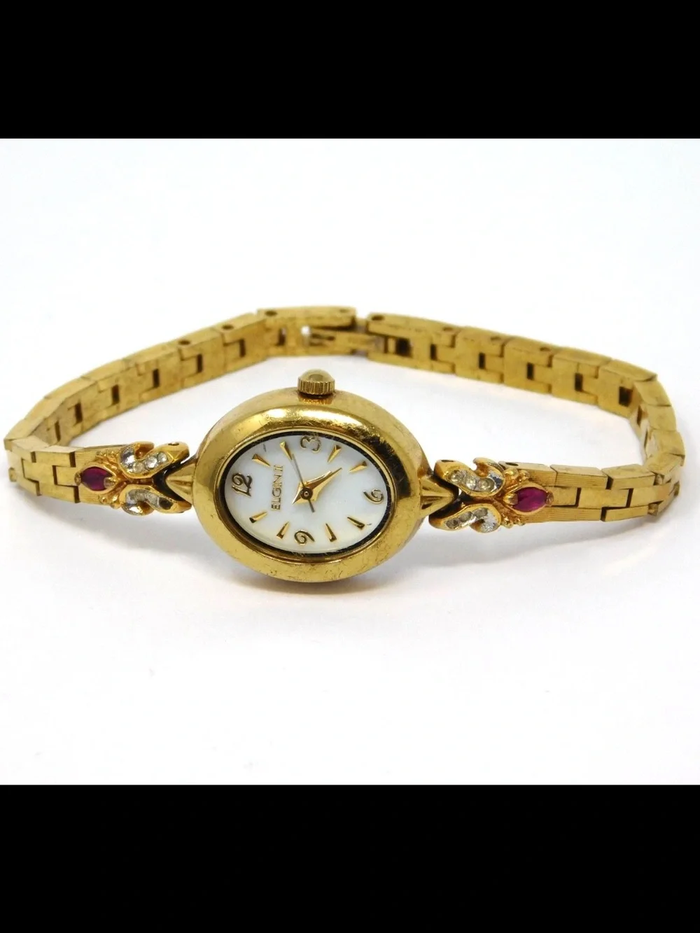 Elgin Women's Watch Ell02 White Dial Gold Ruby Red Accent Ladies Fancy Formal 6